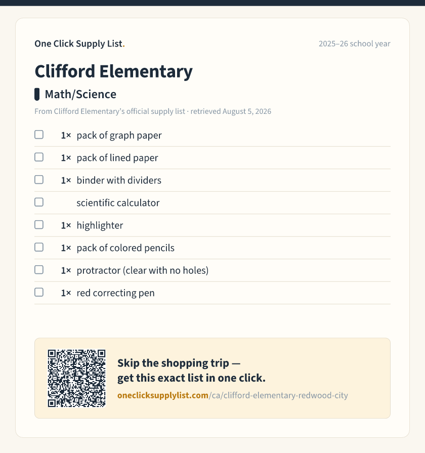 Clifford Elementary Math/Science supply list — printable image