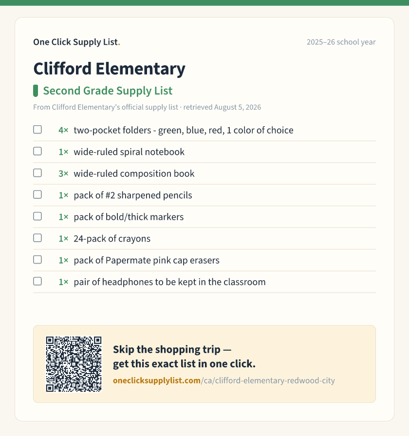 Clifford Elementary Second Grade Supply List supply list — printable image