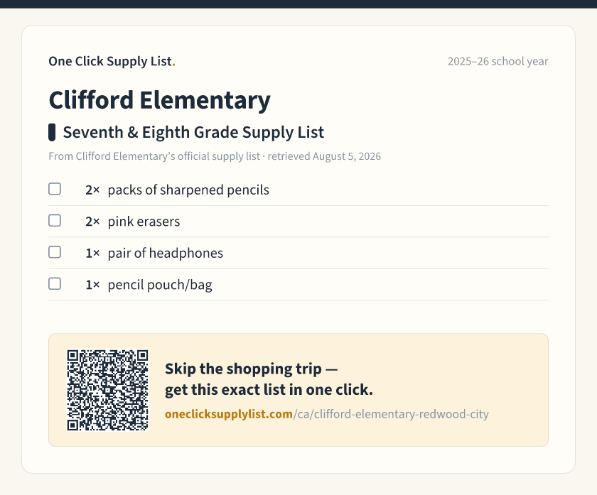 Clifford Elementary Seventh & Eighth Grade Supply List supply list — printable image
