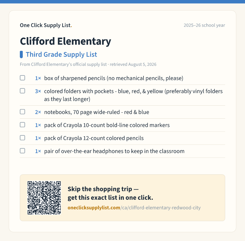 Clifford Elementary Third Grade Supply List supply list — printable image