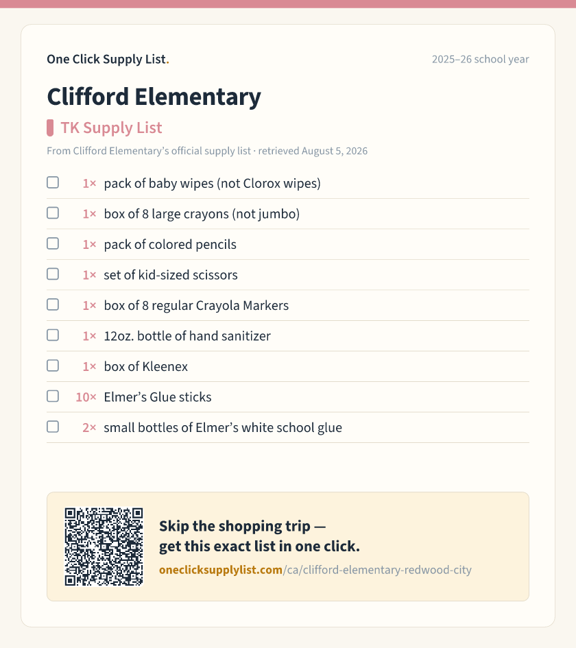 Clifford Elementary TK Supply List supply list — printable image