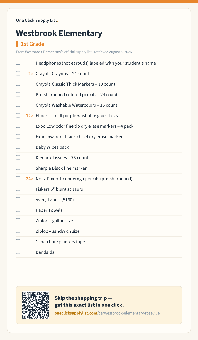 Westbrook Elementary 1st Grade supply list — printable image