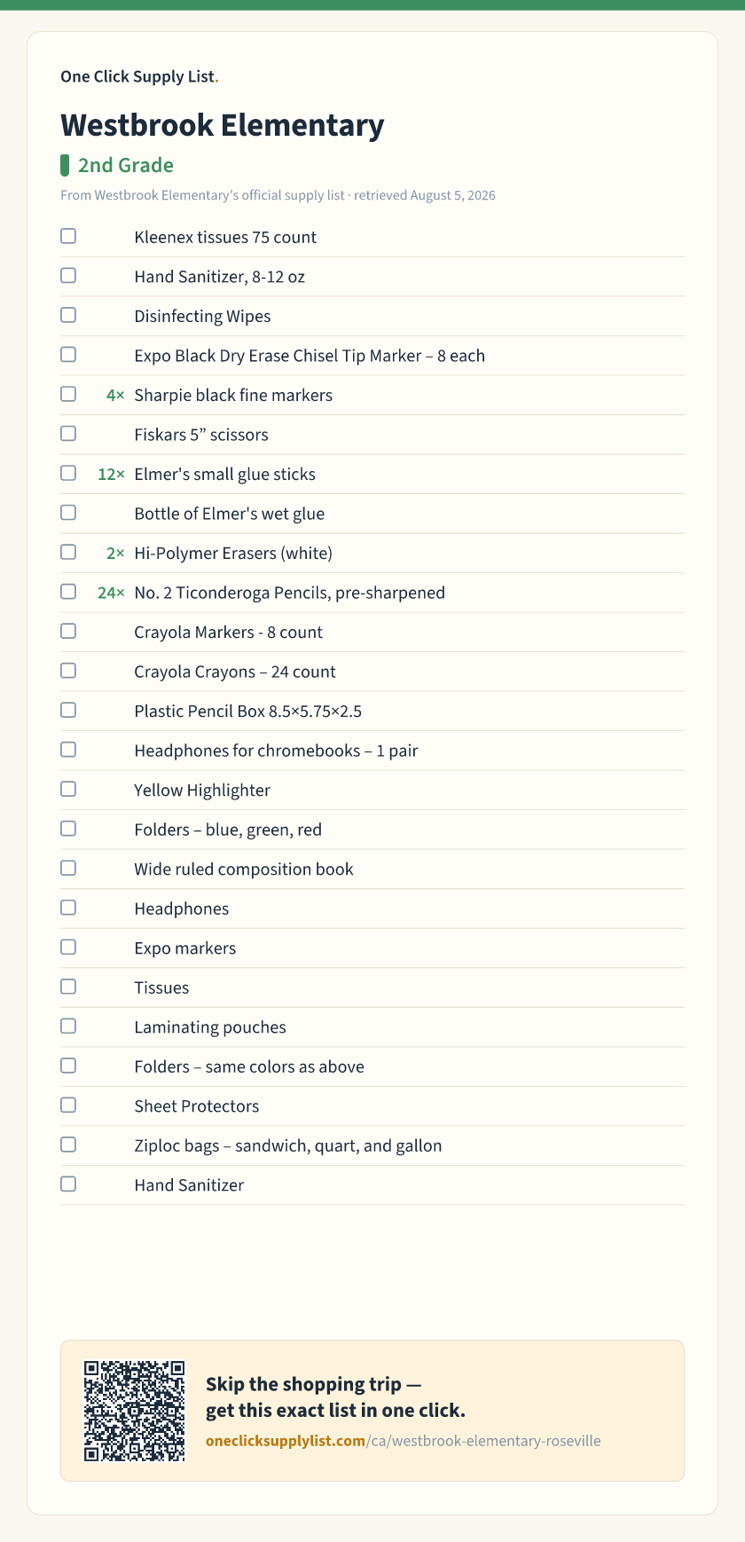 Westbrook Elementary 2nd Grade supply list — printable image