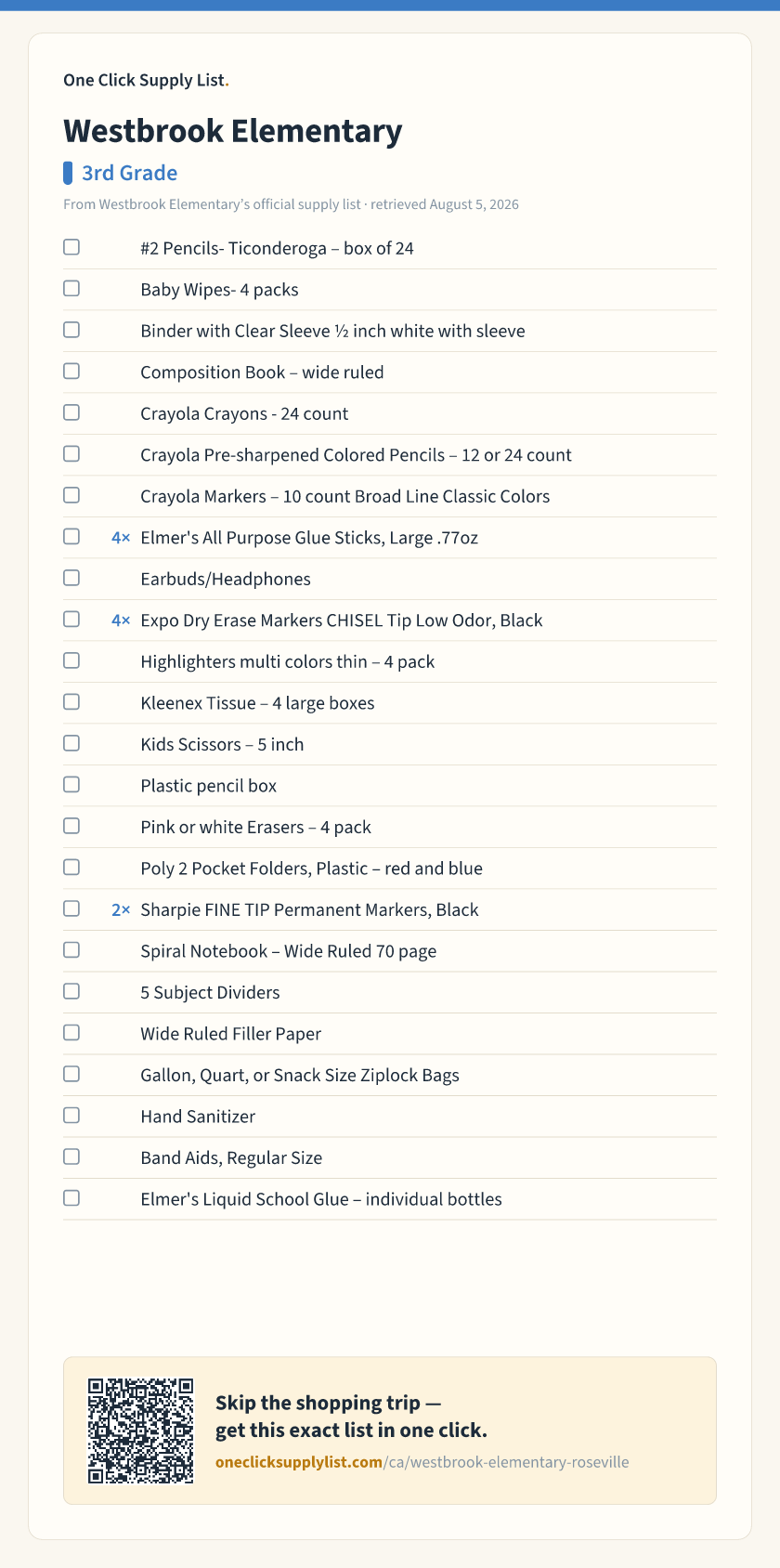 Westbrook Elementary 3rd Grade supply list — printable image