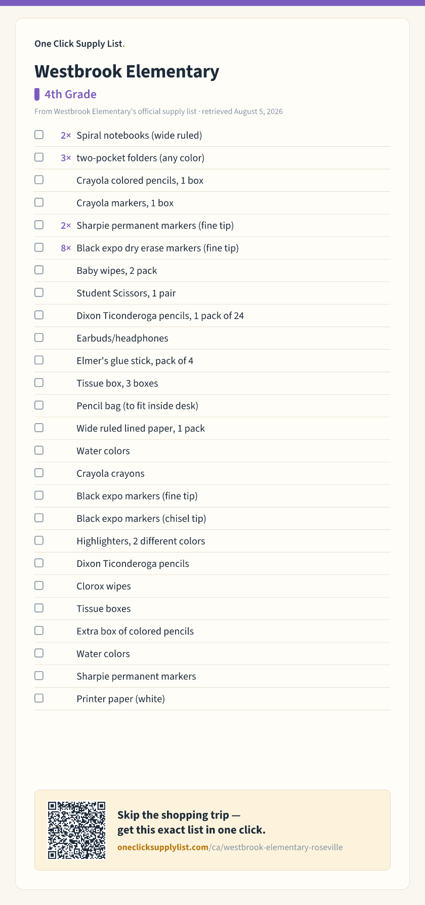 Westbrook Elementary 4th Grade supply list — printable image