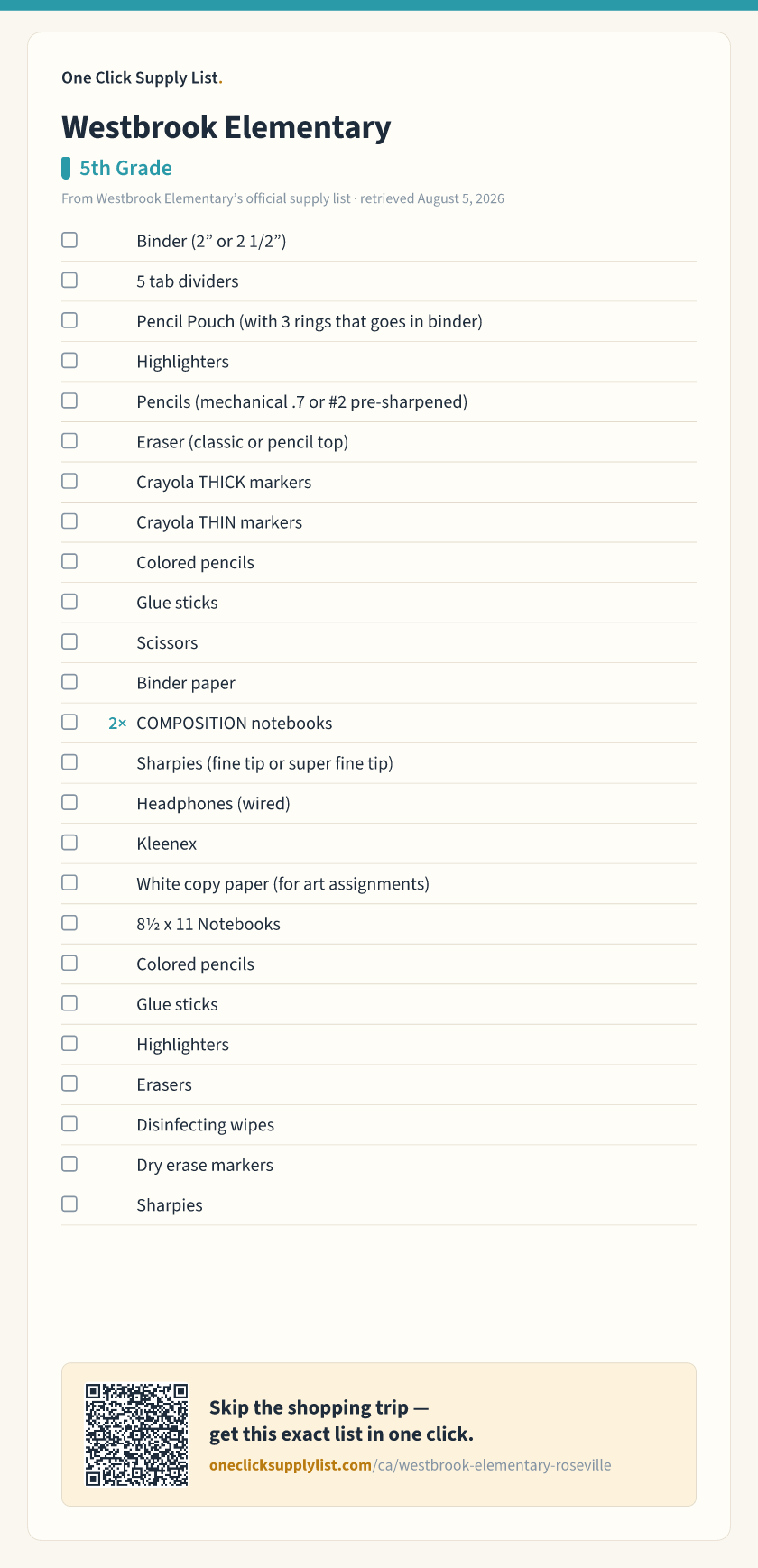 Westbrook Elementary 5th Grade supply list — printable image