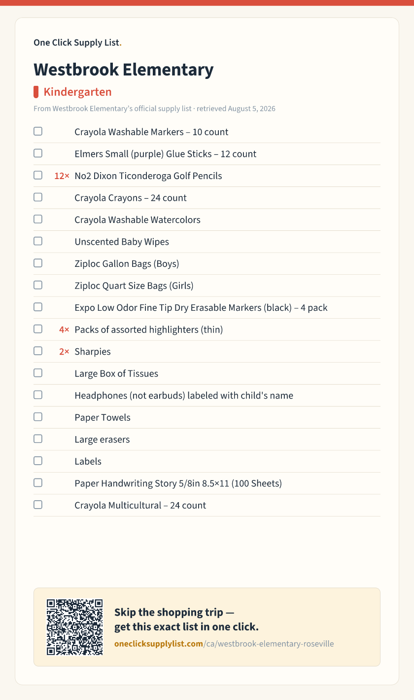 Westbrook Elementary Kindergarten supply list — printable image