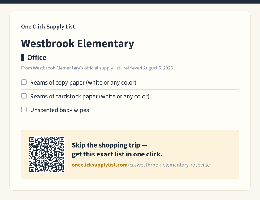 Westbrook Elementary Office supply list — printable image