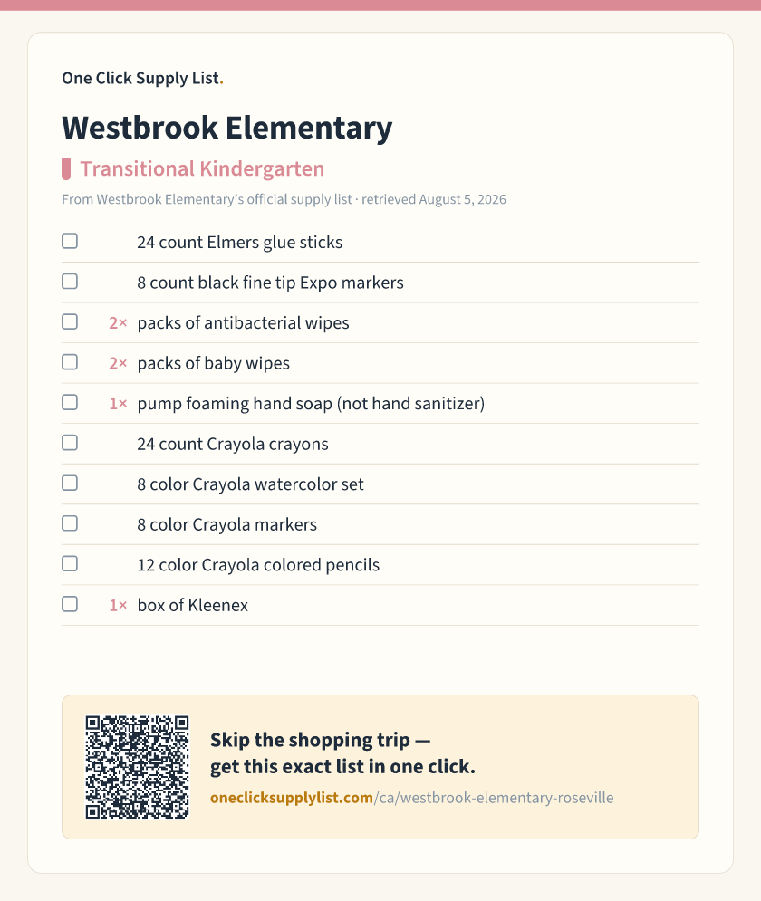 Westbrook Elementary Transitional Kindergarten supply list — printable image