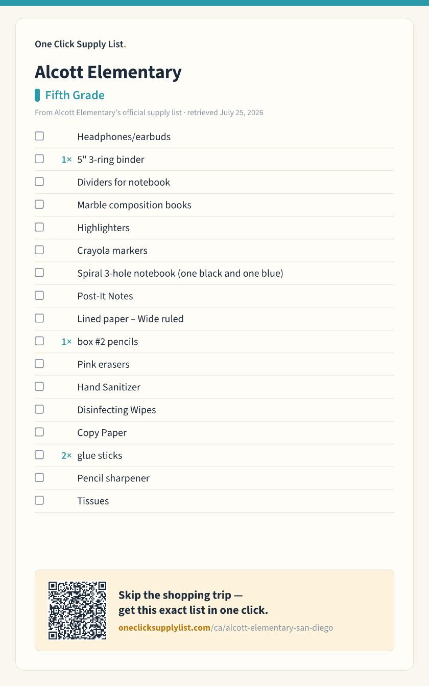 Alcott Elementary Fifth Grade supply list — printable image