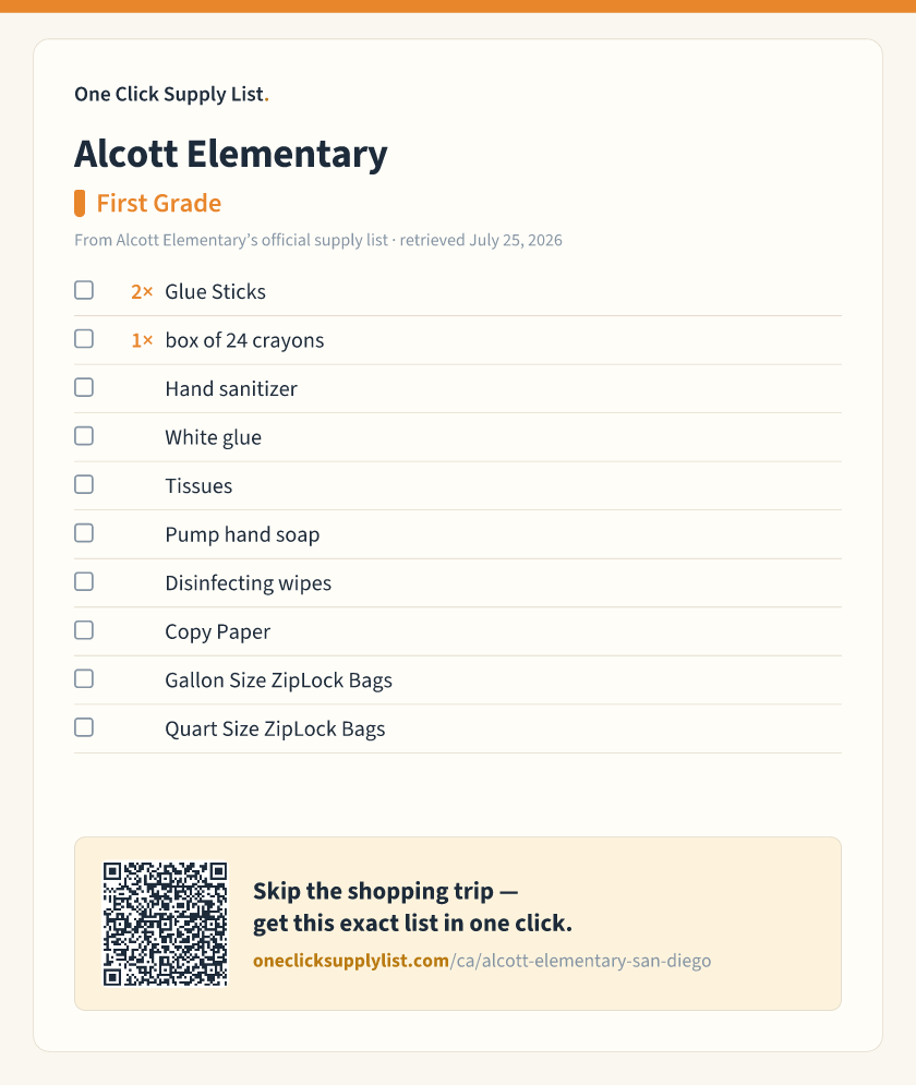 Alcott Elementary First Grade supply list — printable image