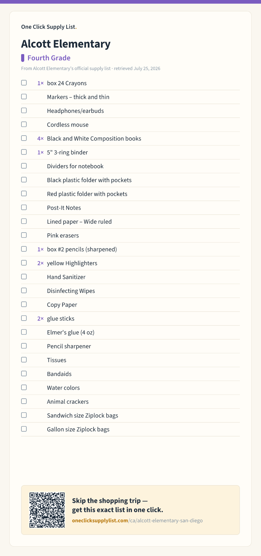Alcott Elementary Fourth Grade supply list — printable image
