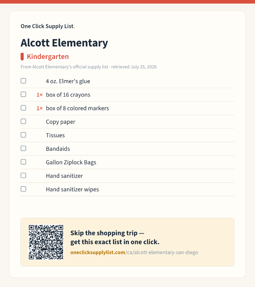 Alcott Elementary Kindergarten supply list — printable image