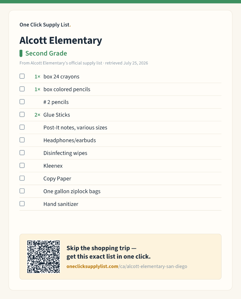 Alcott Elementary Second Grade supply list — printable image