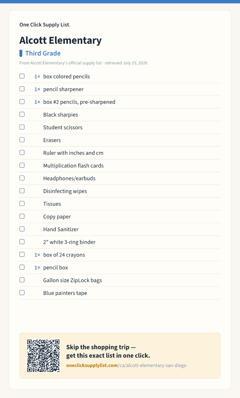 Alcott Elementary Third Grade supply list — printable image