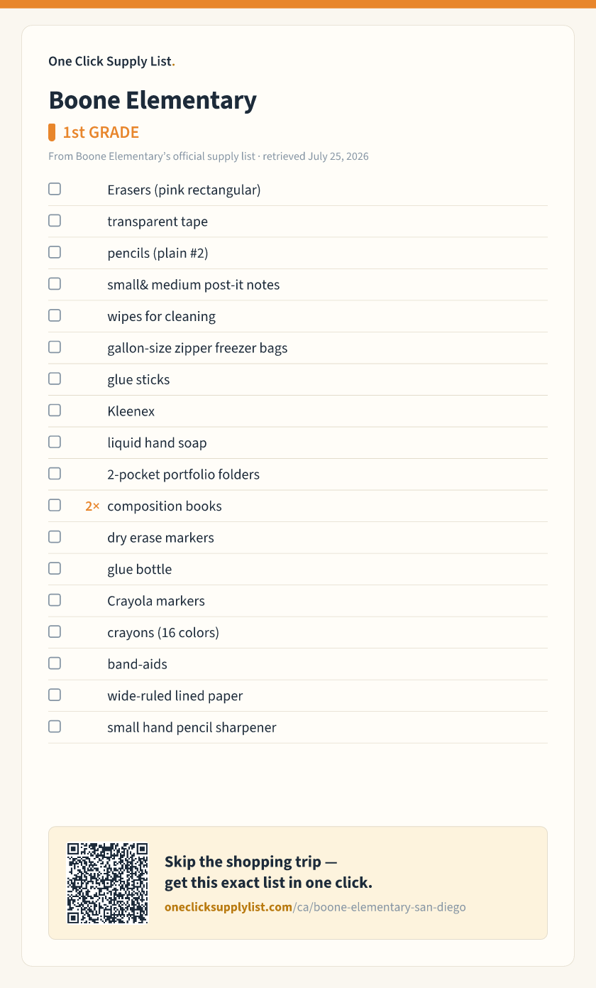 Boone Elementary 1st GRADE supply list — printable image