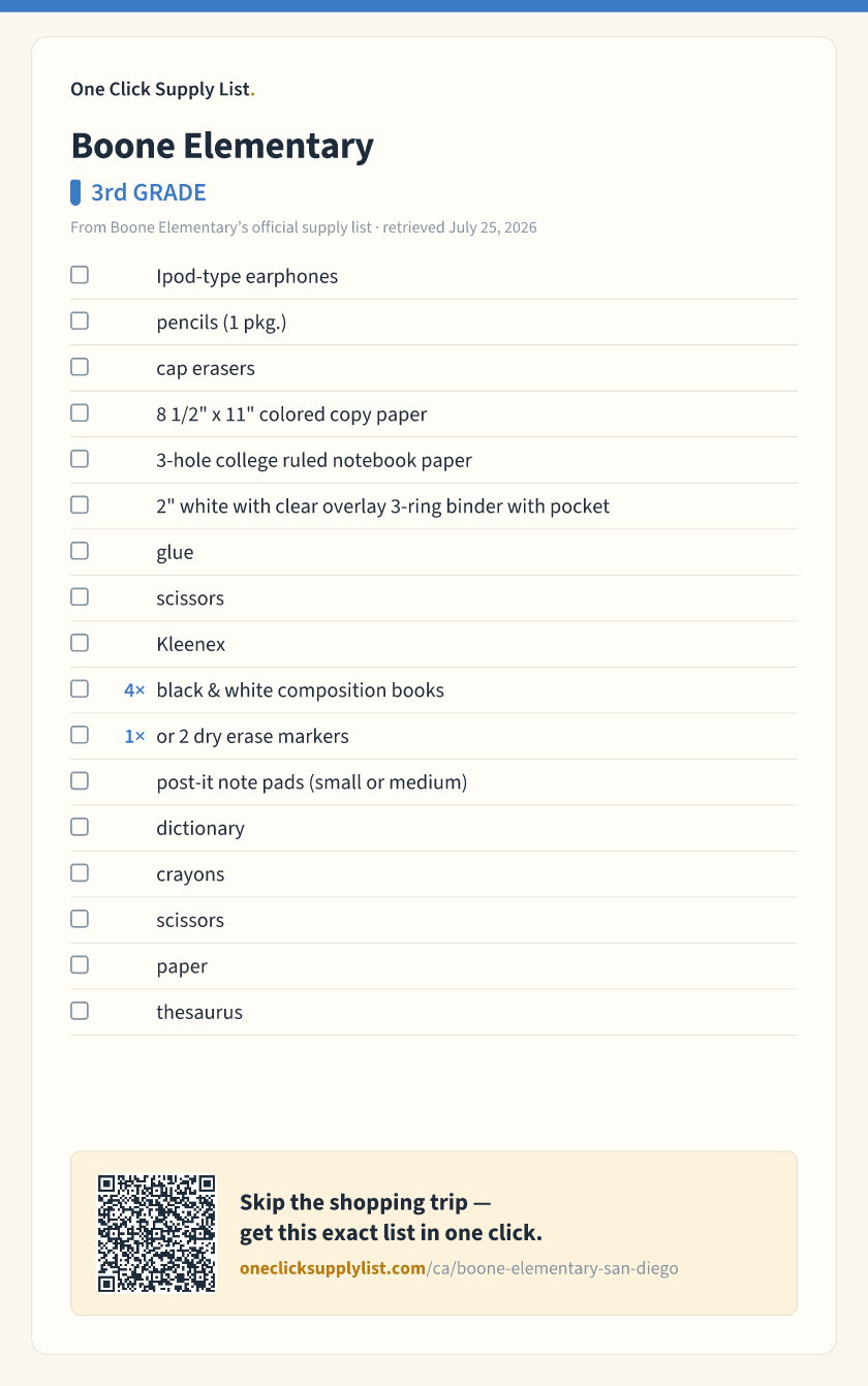 Boone Elementary 3rd GRADE supply list — printable image