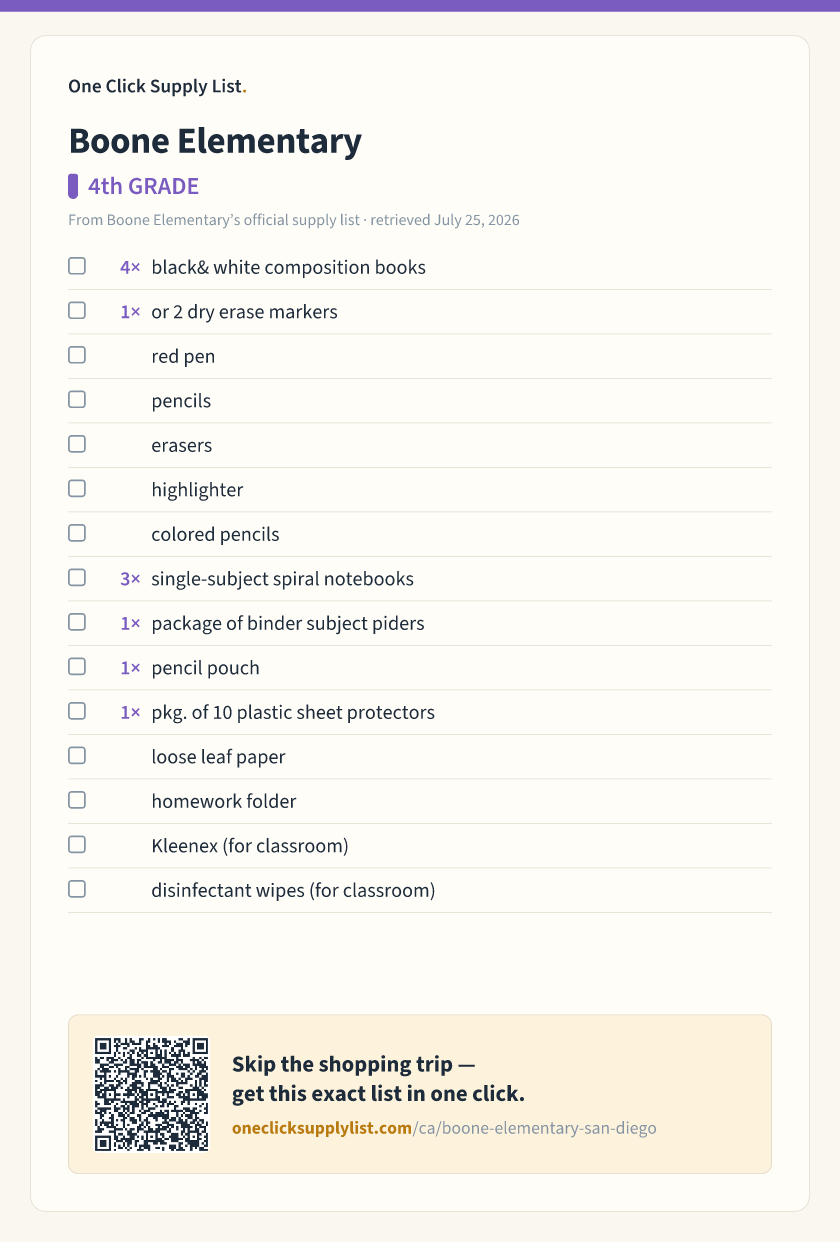 Boone Elementary 4th GRADE supply list — printable image