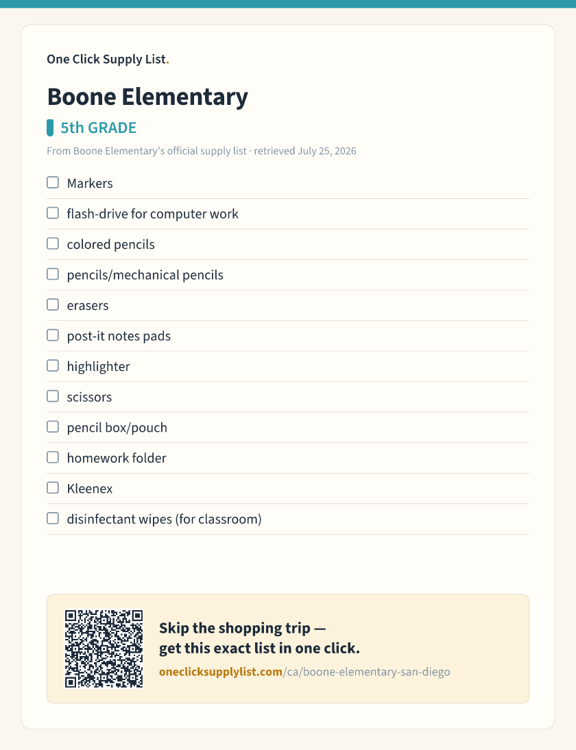 Boone Elementary 5th GRADE supply list — printable image