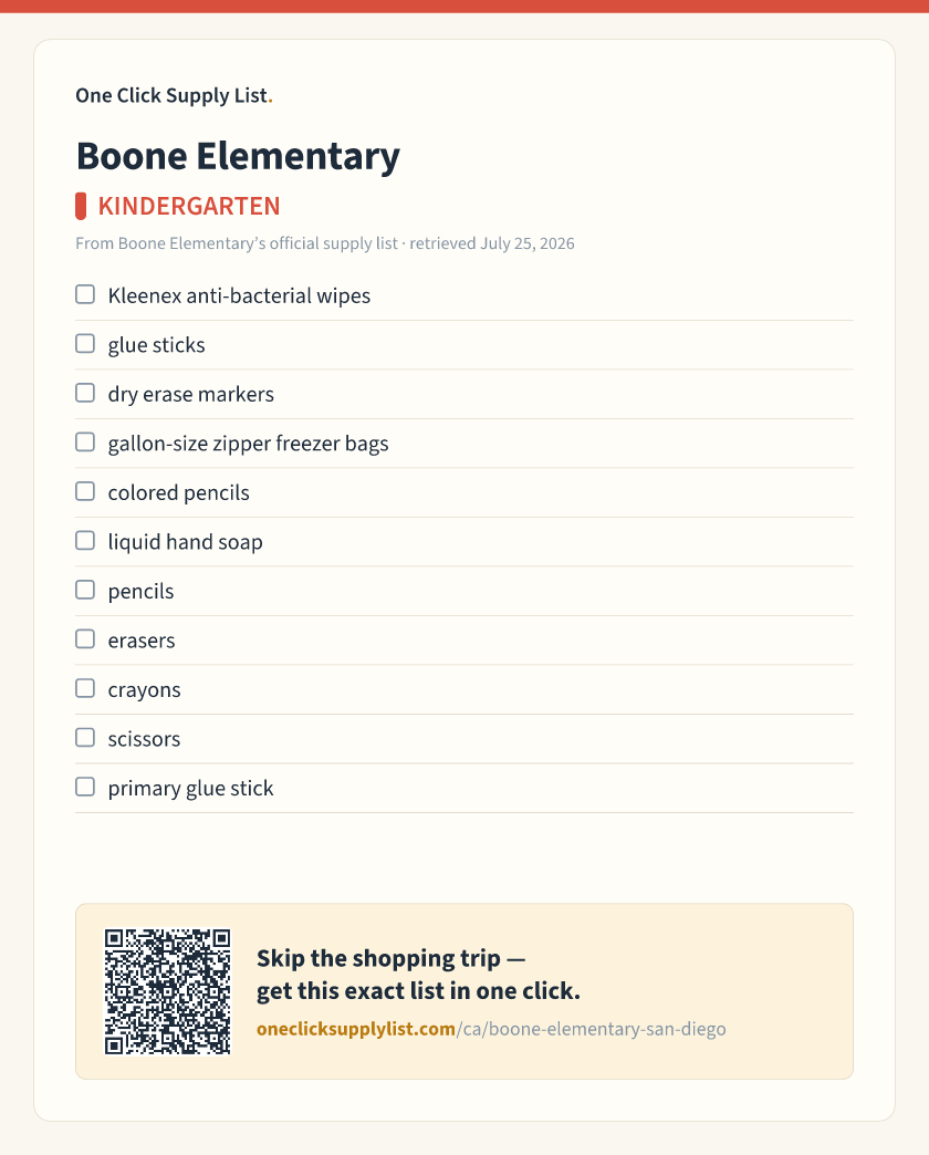 Boone Elementary KINDERGARTEN supply list — printable image