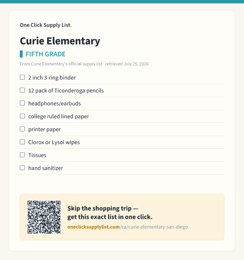 Curie Elementary FIFTH GRADE supply list — printable image