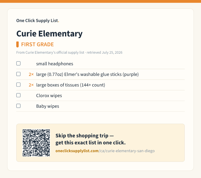 Curie Elementary FIRST GRADE supply list — printable image