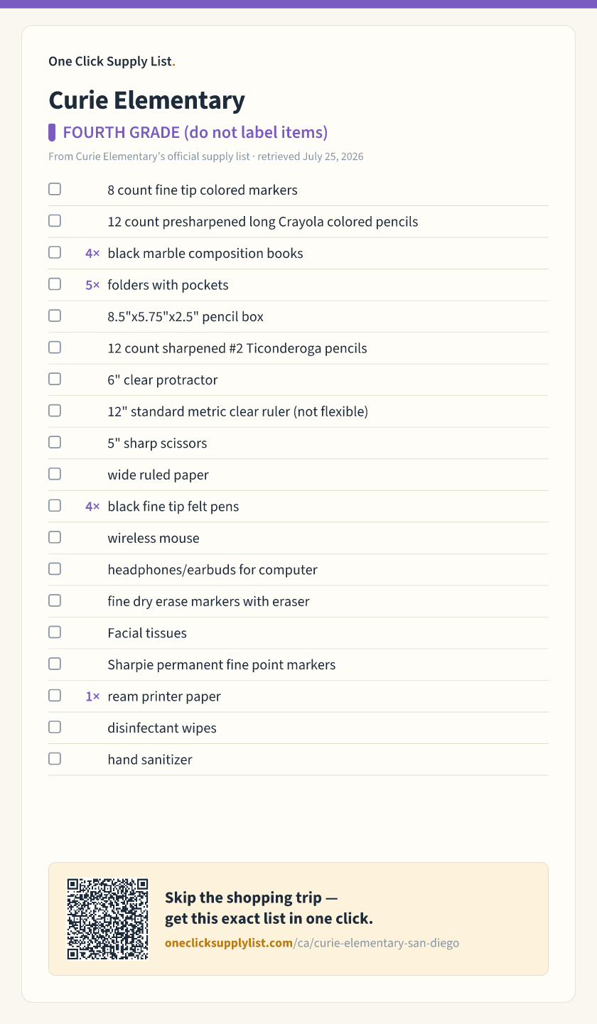 Curie Elementary FOURTH GRADE (do not label items) supply list — printable image