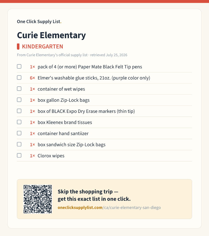Curie Elementary KINDERGARTEN supply list — printable image