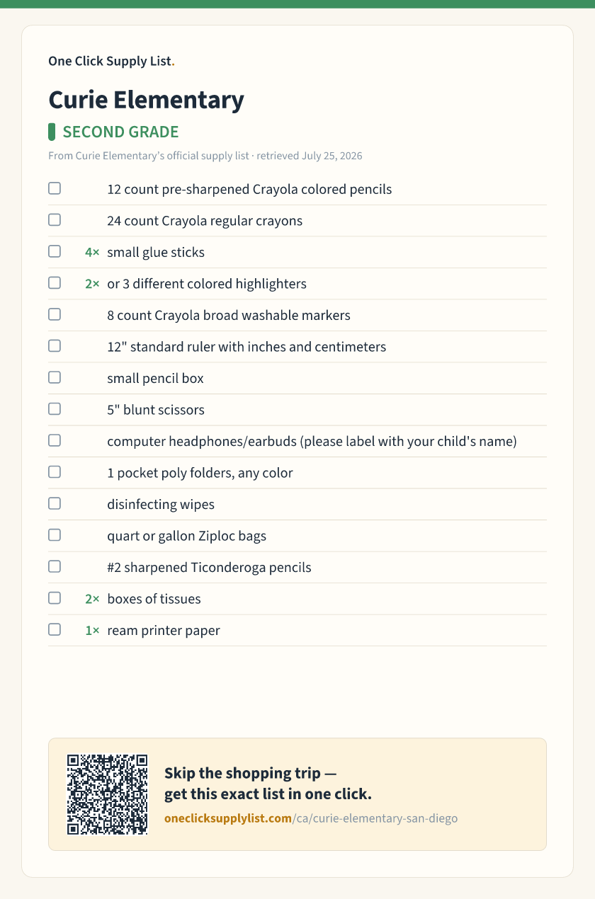 Curie Elementary SECOND GRADE supply list — printable image