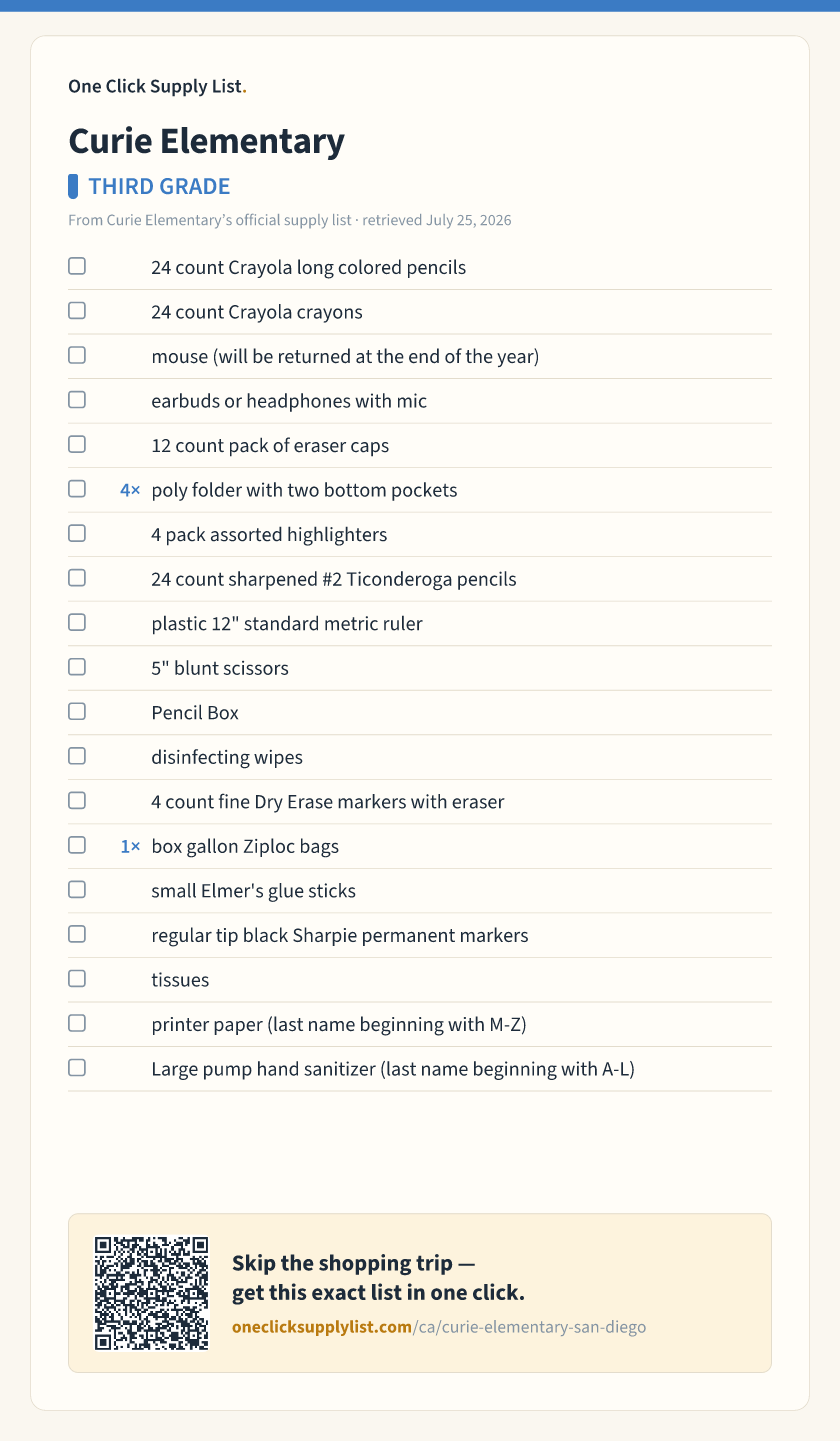 Curie Elementary THIRD GRADE supply list — printable image