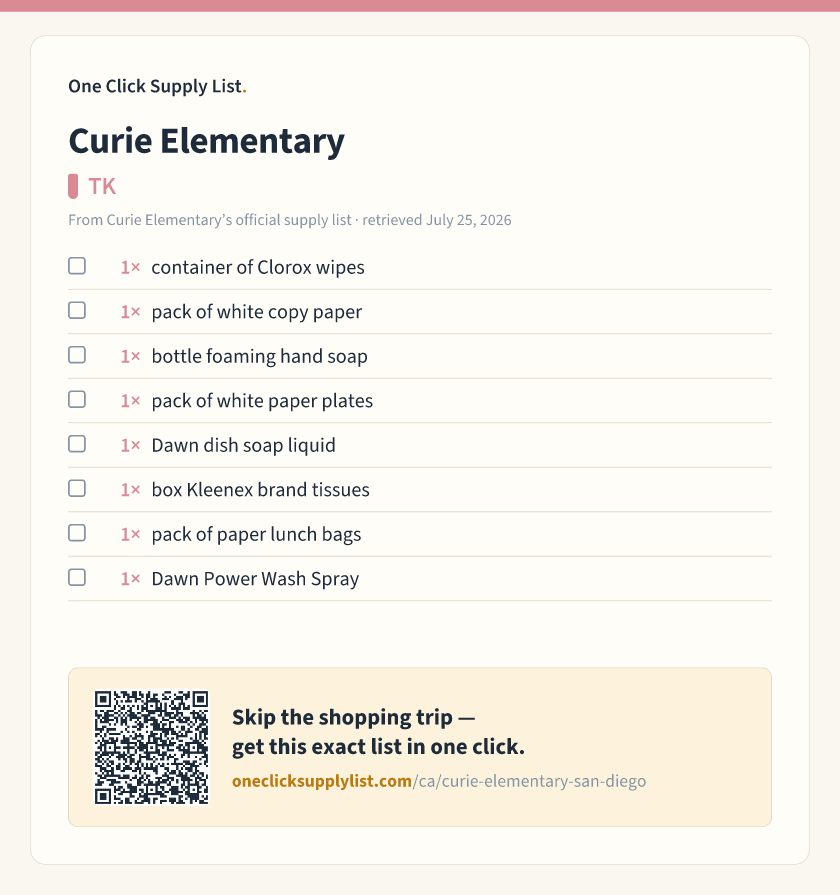 Curie Elementary TK supply list — printable image