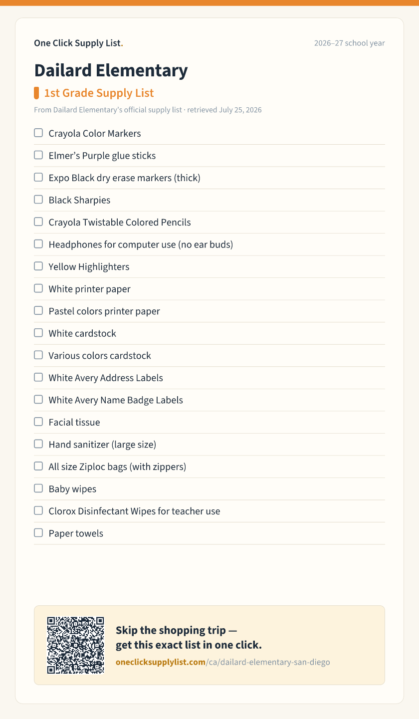 Dailard Elementary 1st Grade Supply List supply list — printable image