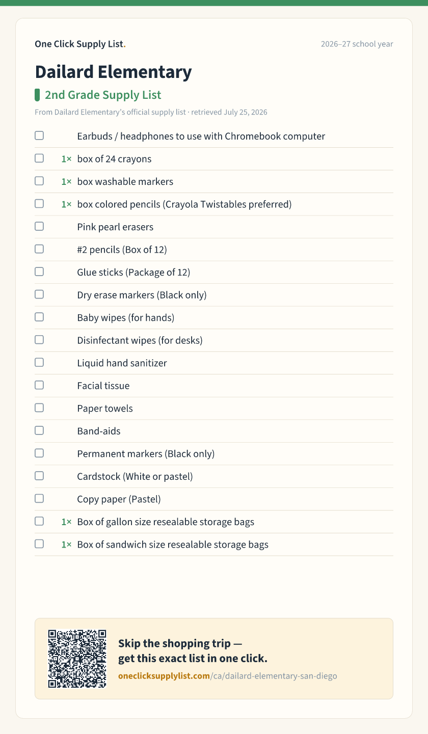 Dailard Elementary 2nd Grade Supply List supply list — printable image