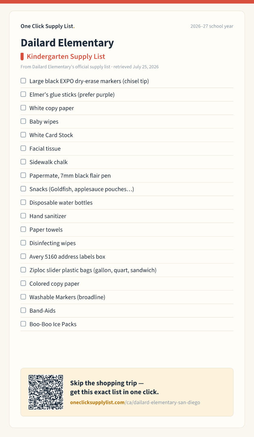 Dailard Elementary Kindergarten Supply List supply list — printable image