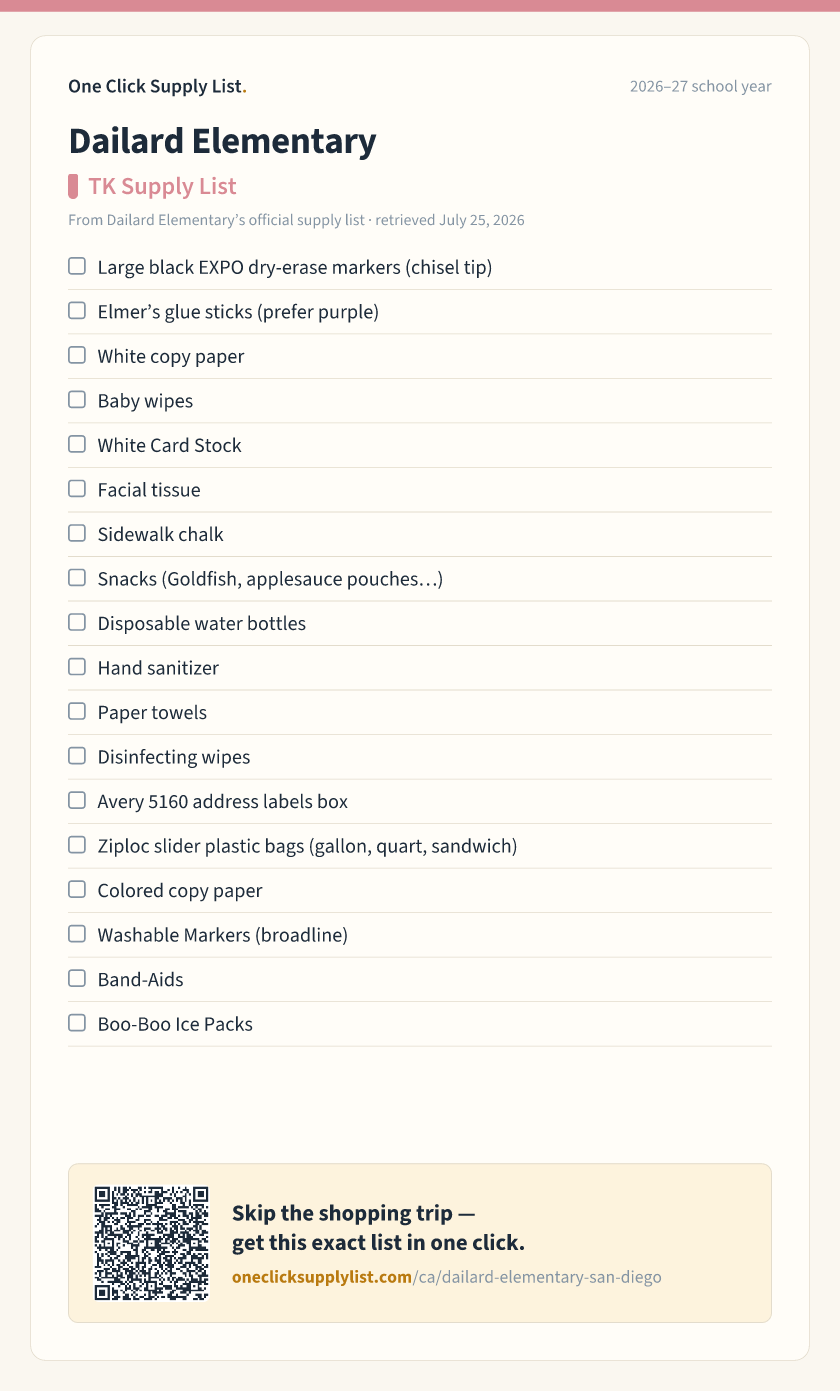 Dailard Elementary TK Supply List supply list — printable image