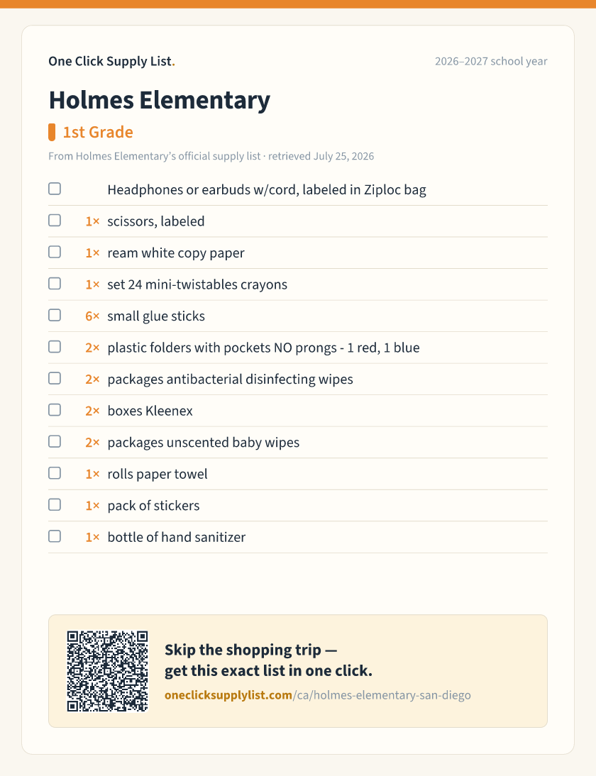 Holmes Elementary 1st Grade supply list — printable image