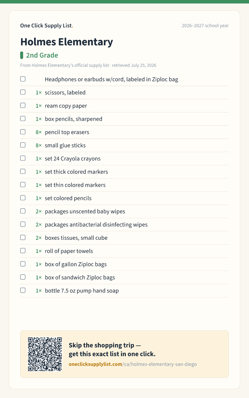 Holmes Elementary 2nd Grade supply list — printable image