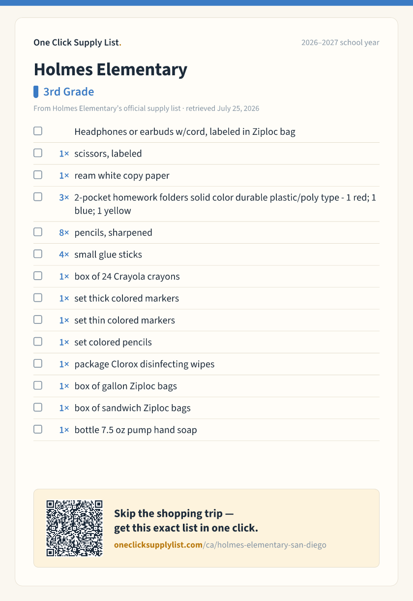 Holmes Elementary 3rd Grade supply list — printable image