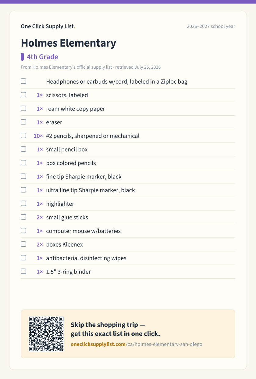 Holmes Elementary 4th Grade supply list — printable image