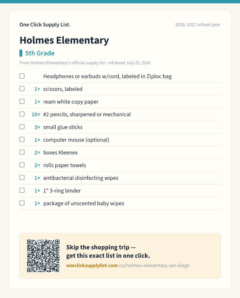 Holmes Elementary 5th Grade supply list — printable image