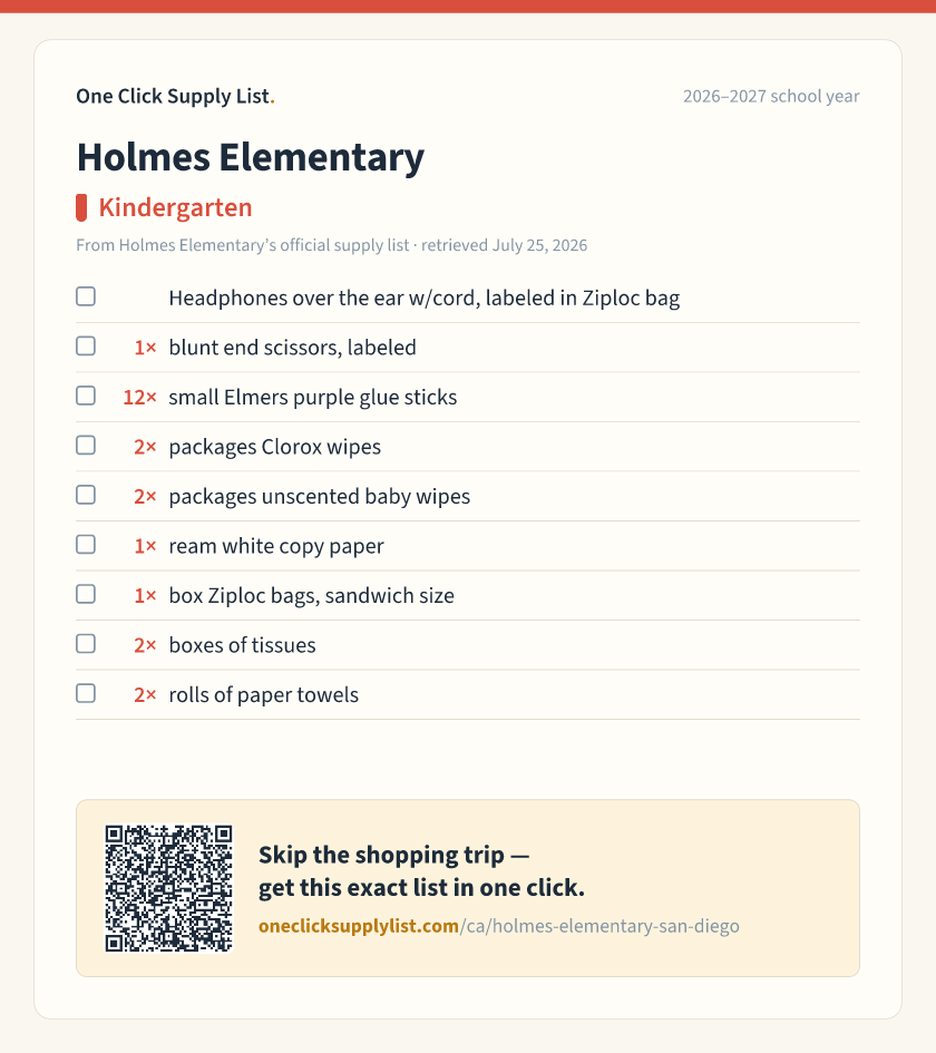 Holmes Elementary Kindergarten supply list — printable image