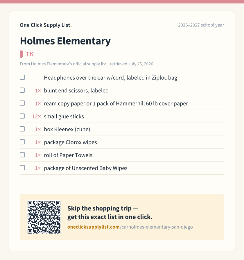 Holmes Elementary TK supply list — printable image
