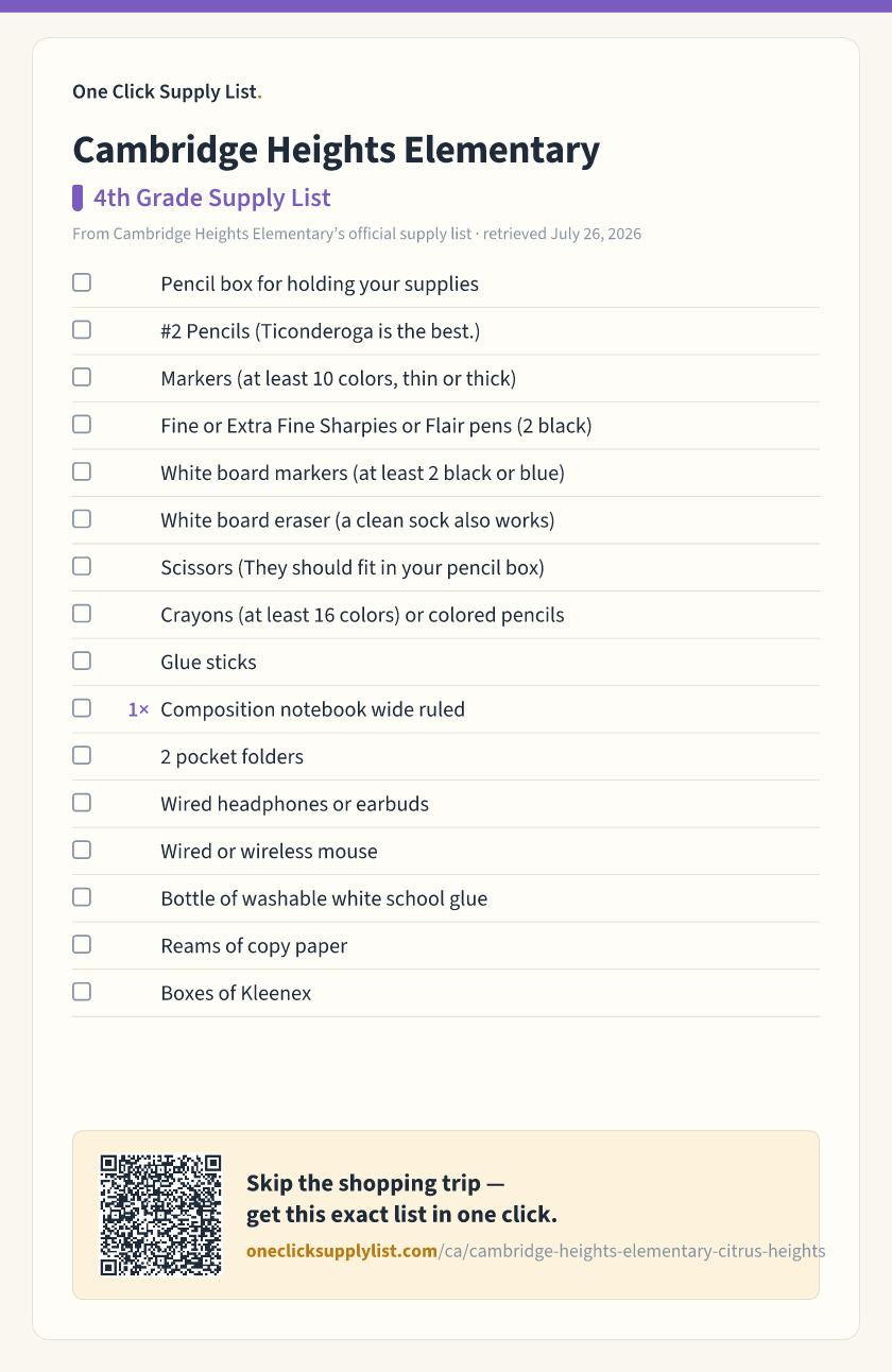 Cambridge Heights Elementary 4th Grade Supply List supply list — printable image