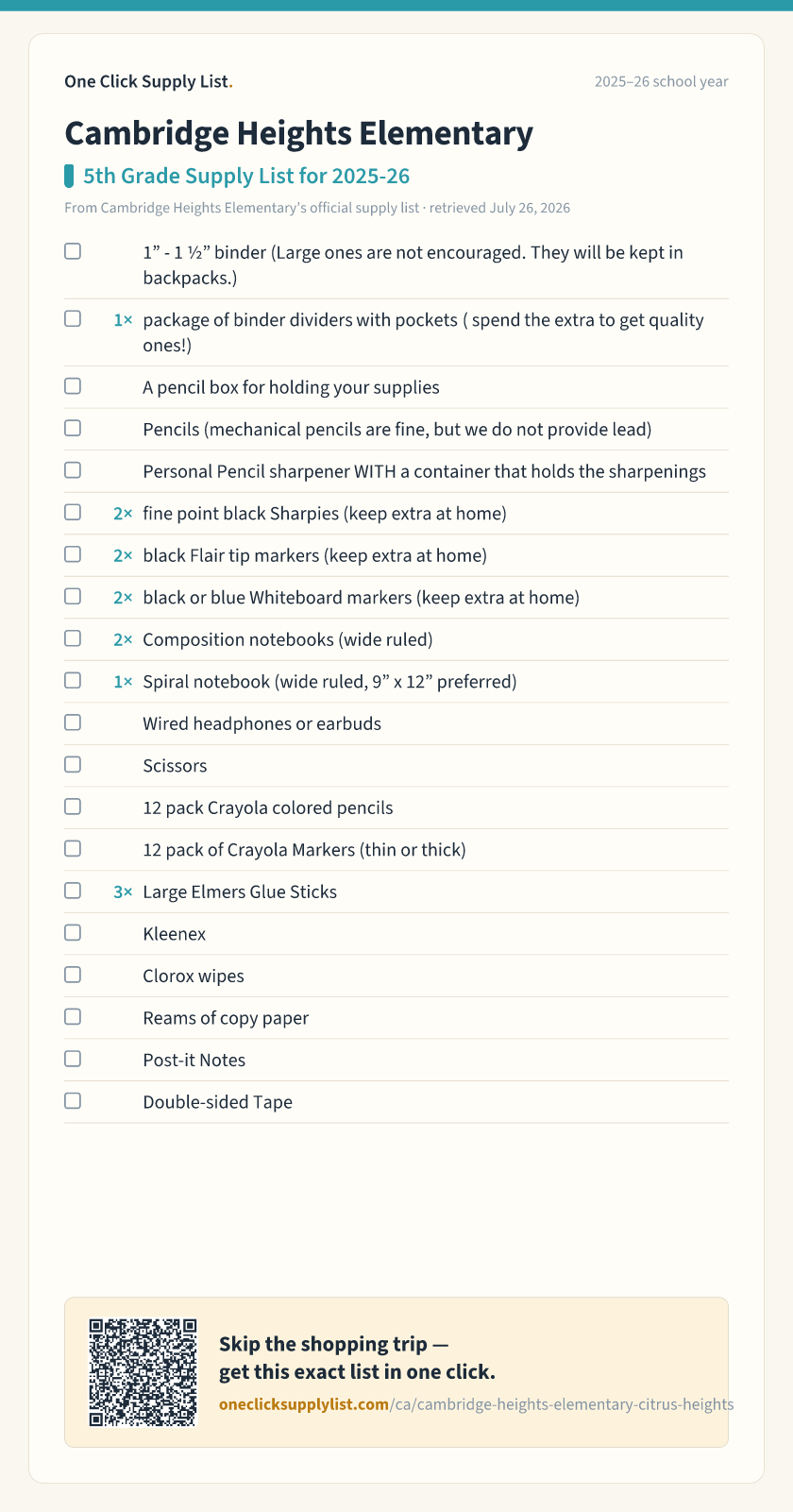 Cambridge Heights Elementary 5th Grade Supply List for 2025-26 supply list — printable image