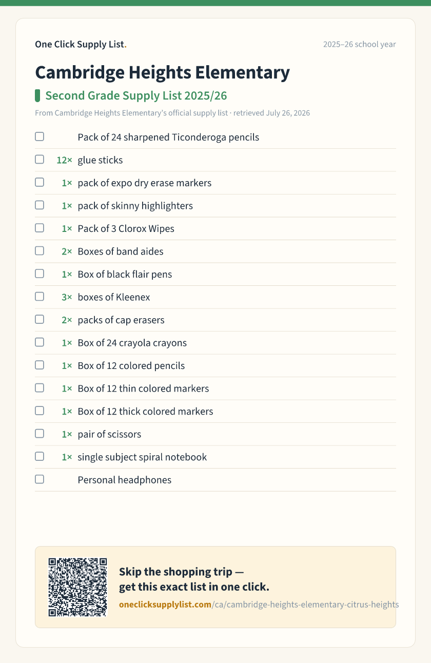 Cambridge Heights Elementary Second Grade Supply List 2025/26 supply list — printable image