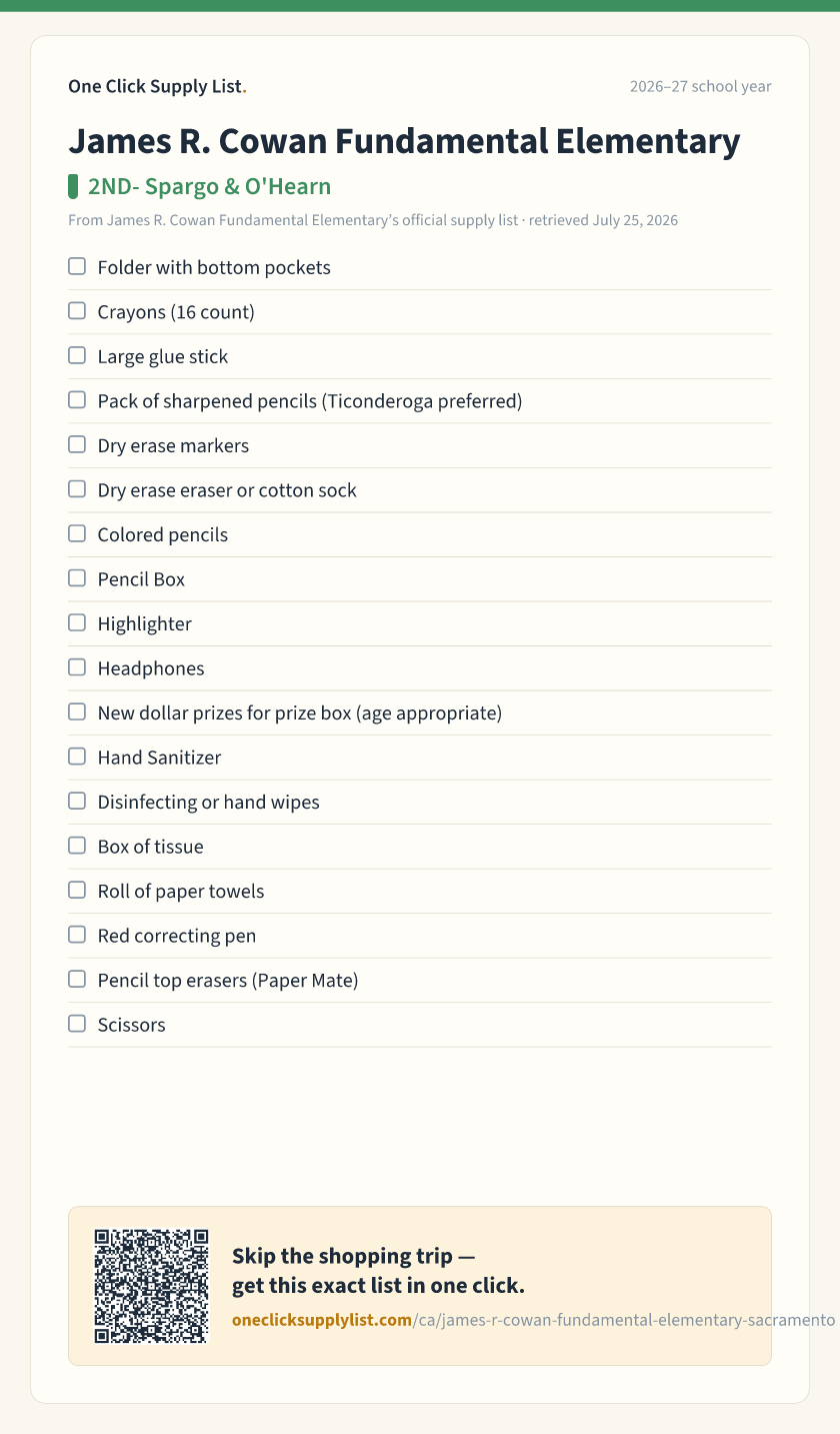 James R. Cowan Fundamental Elementary 2ND- Spargo & O'Hearn supply list — printable image