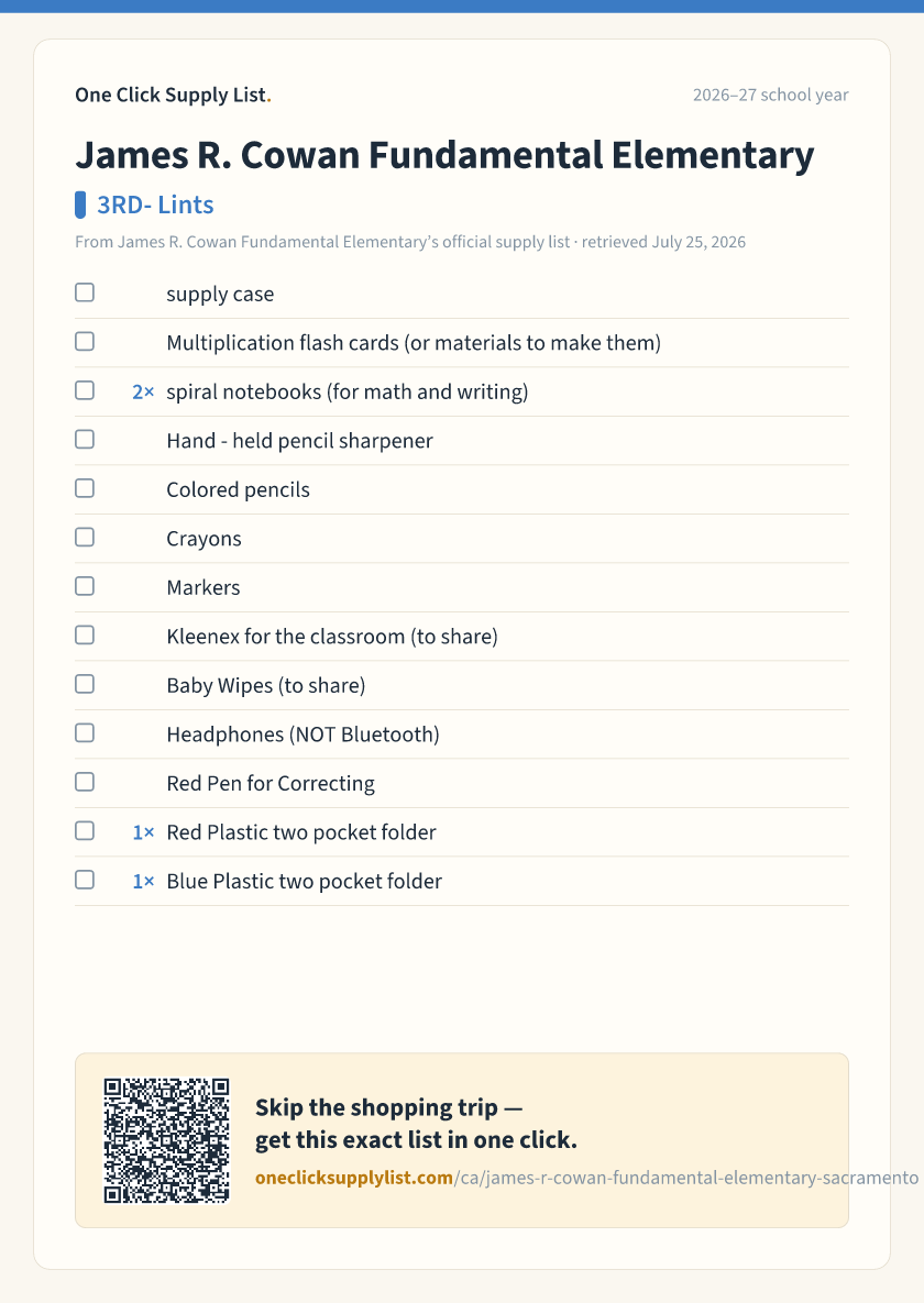 James R. Cowan Fundamental Elementary 3RD- Lints supply list — printable image