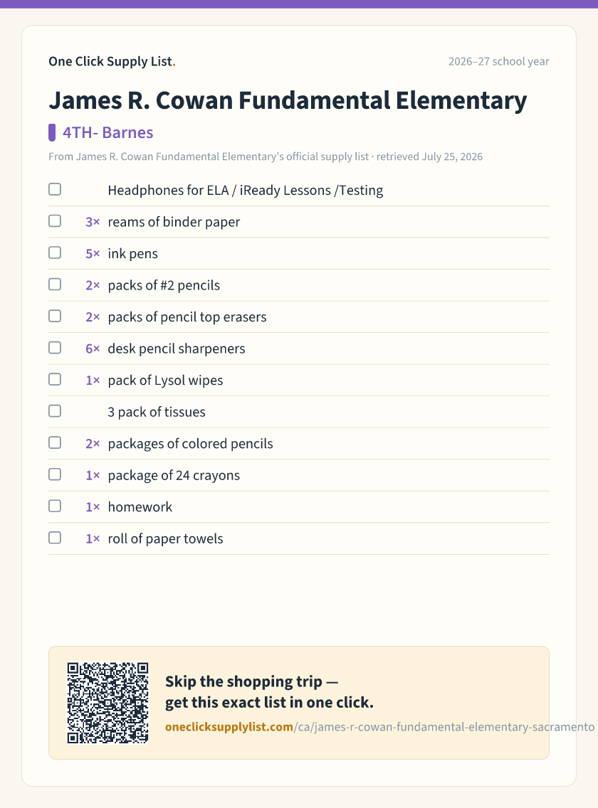 James R. Cowan Fundamental Elementary 4TH- Barnes supply list — printable image