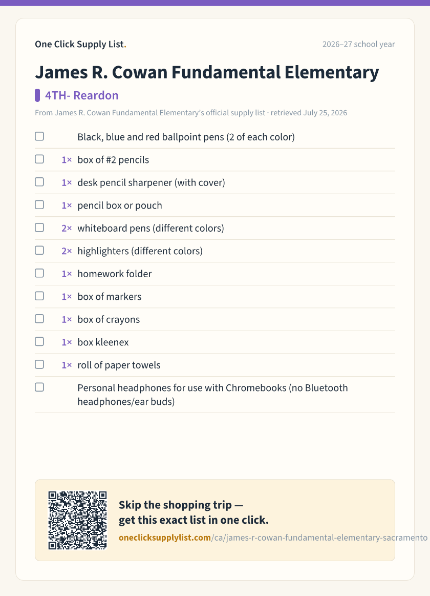 James R. Cowan Fundamental Elementary 4TH- Reardon supply list — printable image