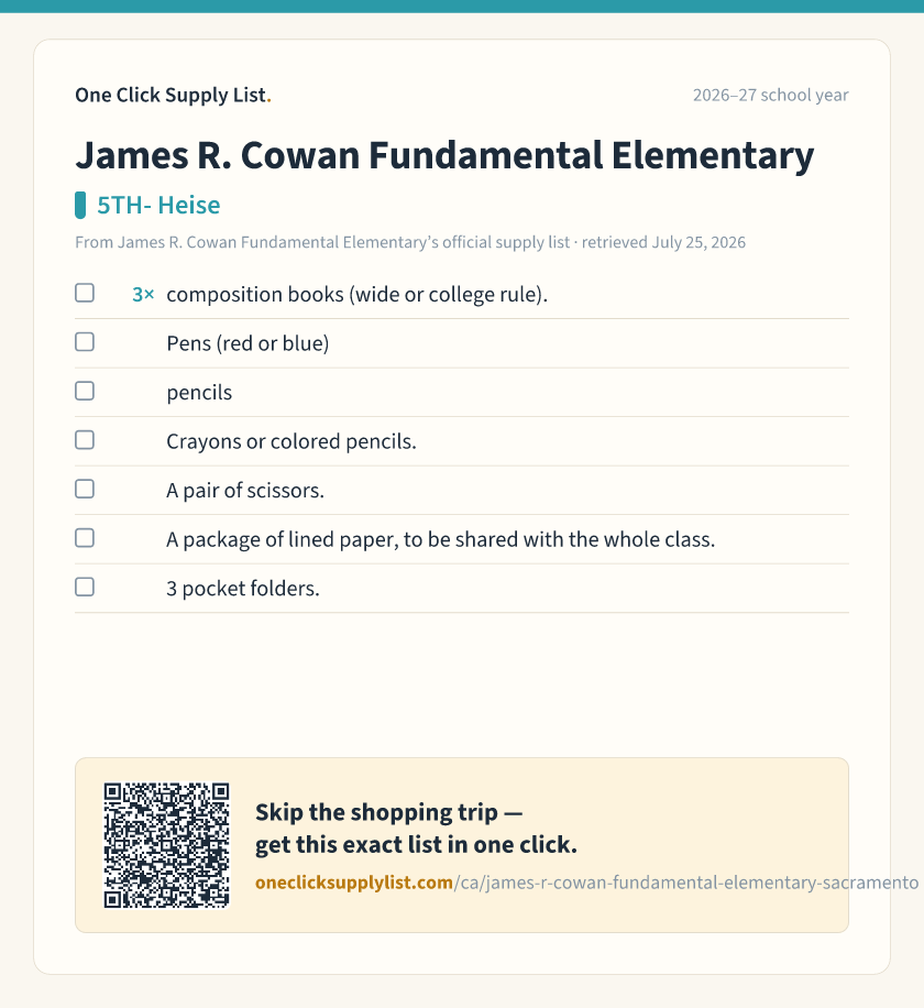 James R. Cowan Fundamental Elementary 5TH- Heise supply list — printable image